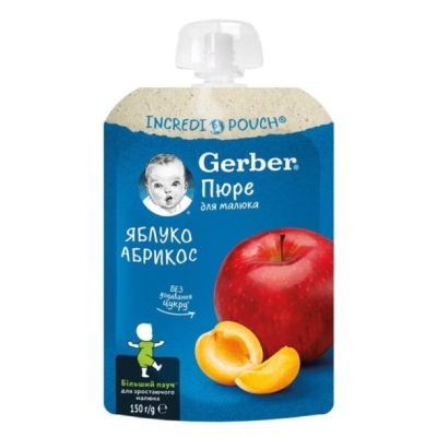 Плодова закуска Nestle Gerber Natural - Пауч с ябълки и кайсии, 150 g