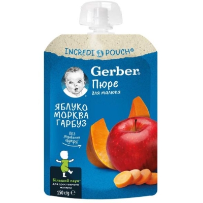 Плодова закуска Nestle Gerber Natural - Пауч с ябълки, моркови и тиква, 150 g