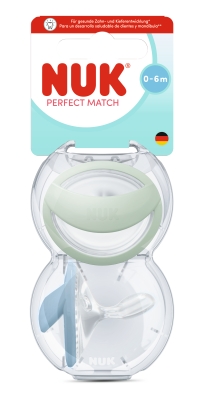 NUK Perfect Match биберон залъгалка, силикон 0-6 мес., 2 бр. Mommy Feel, зелена/синя + кутийка за съхранение и стерилизация в микровълнова