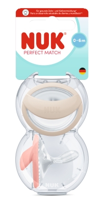 NUK Perfect Match биберон залъгалка, силикон 0-6 мес., 2 бр. Mommy Feel, бежова/розова + кутийка за съхранение и стерилизация в микровълнова