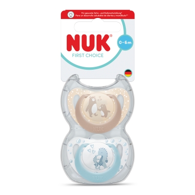 NUK First Choice биберон залъгалка, силикон, 0-6 мес., 2 бр., Мечка/Водно конче
