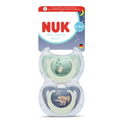NUK First Choice биберон залъгалка, силикон, 0-6 мес., 2 бр., Night, Хипо/Коала