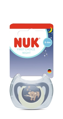 NUK First Choice биберон залъгалка, силикон, 0-6 мес., 1 бр., Night, Коала