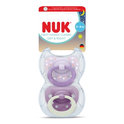 NUK First Choice биберон залъгалка, силикон, 0-6 мес., 2 бр., Day&Night, момиче