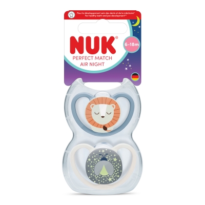 NUK Perfect Match биберон залъгалка, силикон 6-18мес. 2бр., AIR Night, Лъв