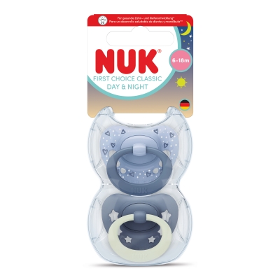 NUK First Choice биберон залъгалка, силикон, 6-18 мес., 2 бр., Day&Night, момче