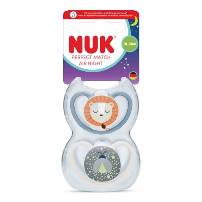 NUK Perfect Match биберон залъгалка, силикон 18+ мес. 2бр., AIR Night, Лъв