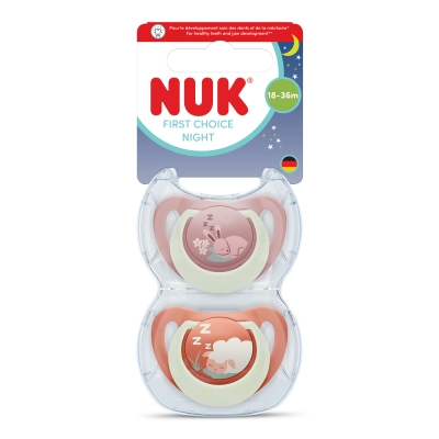 NUK First Choice биберон залъгалка, силикон, 18+ мес., 2 бр., Night, Заек/Овца