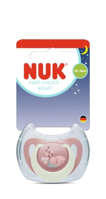 NUK First Choice биберон залъгалка, силикон, 18+ мес., 1 бр., Night, Заек