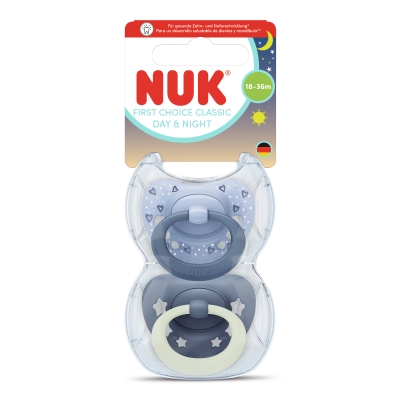 NUK First Choice биберон залъгалка, силикон, 18+ мес., 2 бр., Day&Night, момче