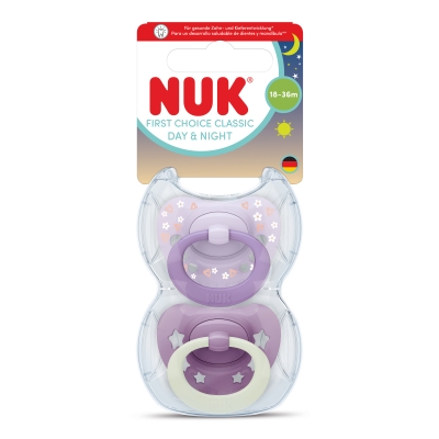NUK First Choice биберон залъгалка, силикон, 18+ мес., 2 бр., Day&Night, момиче
