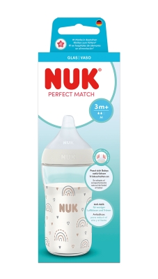 NUK Perfect Match Стъклено шише 230мл. със силиконов биберон за хранене M, 3+мес.