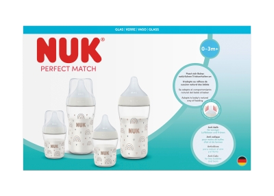 NUK Perfect Match Сет 5 стъклени шишета - 2х120мл. + 2х230мл.+ допълнителен биберон за хранене Flow control1бр.