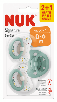NUK биберон залъгалка силикон 0-6 мес. 2+1 бр. Signature - Бял/Зелен