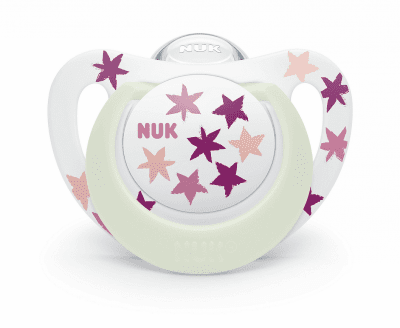 NUK биберон залъгалка силикон 6-18мес. 1бр. STAR Night + box - Розови звезди