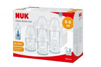 NUK First Choice+ Старт сет Temperature Control стъклени шишета - 2х240мл. + 2х120мл. + кошница