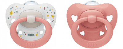 NUK Биберон залъгалка силикон 0-6 мес. 2 бр. Signature + кутийка за съхранение и стерилизация в микровълнова - Момиче