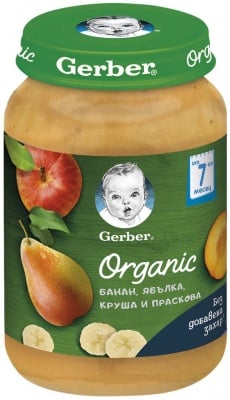 GERBER® Organic Пюре Банан, ябълка, круша и праскова, от 7-ия месец, бурканче, 190g 