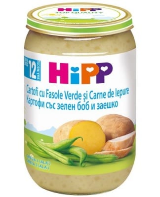 Био ястие Hipp - Картофи, зелен боб и заешко, 220 g