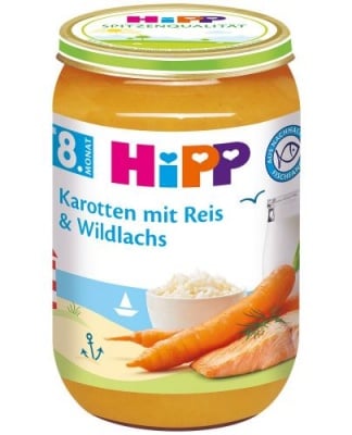 Био ястие Hipp - Моркови, ориз и дива сьомга, 220 g