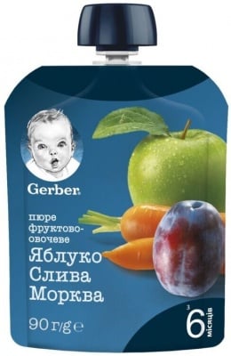 GERBER® Ябълка, слива и морков, от 6-ия месец,  пауч, 90g