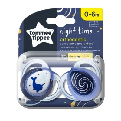 Tommee Tippee Ортодонтични залъгалки NIGHT TIME 0-6м, 2 бр./оп., Делфин ТТ.0085.001