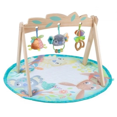 Активна гимнастика с дървена арка Playgro Fauna Friends, с три свалящи се играчки и подплатено кръгло килимче, 0м+PG.0616 