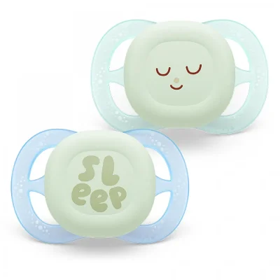 2 бр. светещи в тъмното ортодонтични залъгалки за новородени Philips AVENT SCF075/08 Ultra Start Night 0-2м, в синьо и зелено с декор Sleep, в кутия за стерилизиране 0636.001