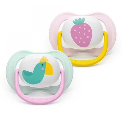 2 броя ортодонтски силиконови залъгалки Philips AVENT SCF080/24 Ultra Air Happy, 0-6м, с декорация в розово, в кутия за стерилизиране 0638.001