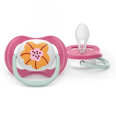 2 броя ортодонтски силиконови залъгалки Philips AVENT SCF080/27 Ultra Air Happy, 6-18м, с декорация в розово, в кутия за стерилизиране 0640.001