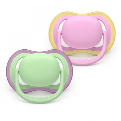 2 броя ортодонтски силиконови залъгалки Philips AVENT SCF087/12 Ultra Air, 6-18м, едноцветни, в кутия за стерилизиране 0649.001 