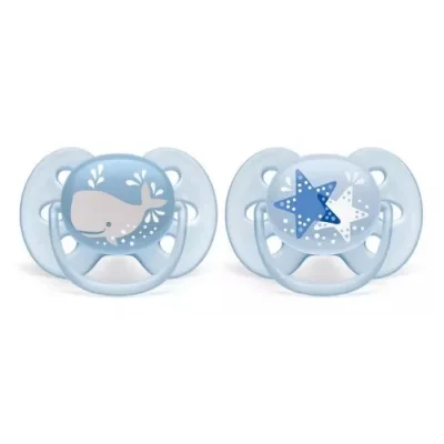 Philips AVENT Ортодонтични залъгалки Ultra Soft + стерилизаторна кутия (6-18м) - с декорация момче кит/звезда, 2 бр./оп. 0515.009