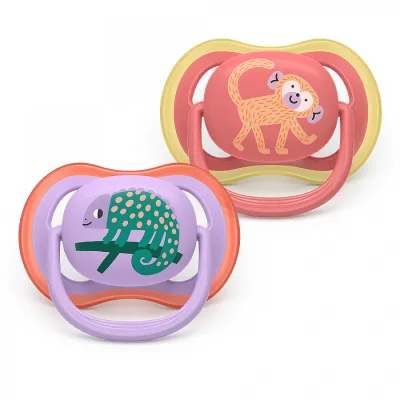 2 броя ортодонтски силиконови залъгалки Philips AVENT SCF349/47 Ultra Air, 18м+, с картинки, в кутия за стерилизиране 0654.001