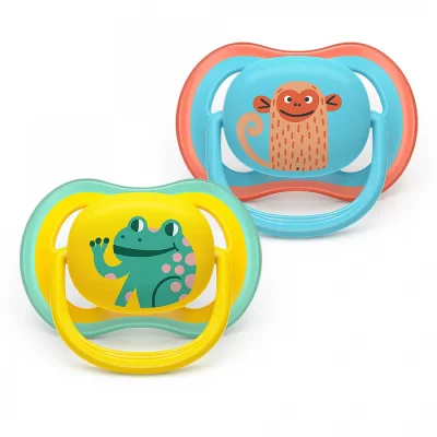 2 броя ортодонтски силиконови залъгалки Philips AVENT SCF349/58 Ultra Air, 18м+, с картинки, в кутия за стерилизиране 0653.001 