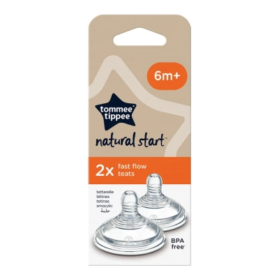 Комплект от 2 броя Биберони Tommee Tippee Natural Start FAST FLOW (бърз поток), 3 капки, подходящи за бебета на възраст 6+ месеца ТТ.0006