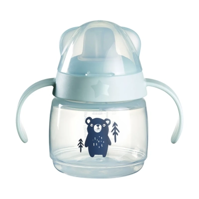 Неразливаща се чаша Tommee Tippee Soft Spout с мек накрайник с антибактериална технология BACSHIELD, с дръжки, в син цвят с декорация Мече, 150 мл, 4м+ 0287