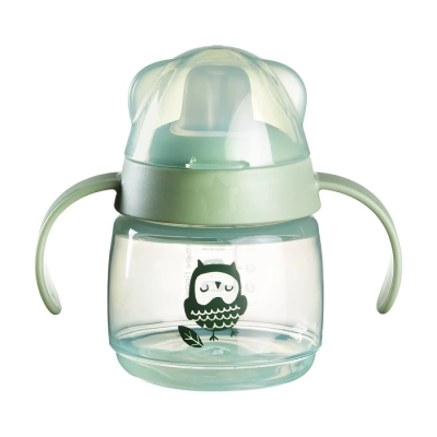 Неразливаща се чаша Tommee Tippee Soft Spout с мек накрайник с антибактериална технология BACSHIELD, с дръжки, в зелен цвят с декорация Бухал, 150 мл, 4м+ 0288
