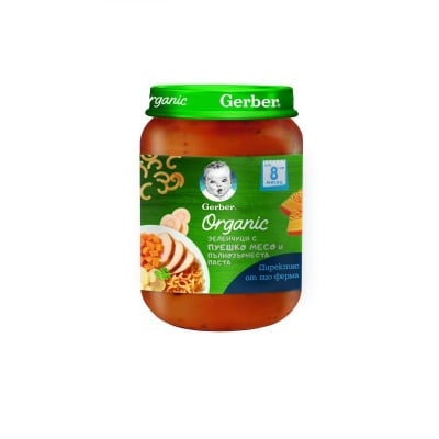 GERBER® Organic Зеленчуци с пуешко месо и пълнозърнеста паста, от 8-ия месец, бурканче 190g