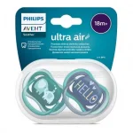 Комплект от 2 бр. ортодонтични залъгалки Philips AVENT SCF349/18 Ultra Air 18м+, синя с декор Слонове и зелена с надпис Hello, в кутия за стерилизиране 0519.005