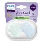 Комплект от 2 бр. ортодонтични залъгалки за новородени Philips AVENT SCF075/02 Ultra Start 0-2м, в синьо и зелено, в кутия за стерилизиране 0632.001