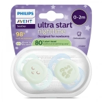 2 бр. светещи в тъмното ортодонтични залъгалки за новородени Philips AVENT SCF075/08 Ultra Start Night 0-2м, в синьо и зелено с декор Sleep, в кутия за стерилизиране 0636.001