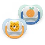 2 броя ортодонтски силиконови залъгалки Philips AVENT SCF080/23 Ultra Air Happy, 0-6м, с декорация в синьо, в кутия за стерилизиране 0637.001