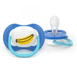 2 броя ортодонтски силиконови залъгалки Philips AVENT SCF080/26 Ultra Air Happy, 6-18м, с декорация в синьо, в кутия за стерилизиране 0639.001
