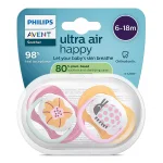 2 броя ортодонтски силиконови залъгалки Philips AVENT SCF080/27 Ultra Air Happy, 6-18м, с декорация в розово, в кутия за стерилизиране 0640.001