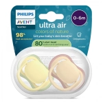 2 броя ортодонтски силиконови залъгалки Philips AVENT SCF087/07 Ultra Air Colors of Nature, 0-6м, пастелни едноцветни, в кутия за стерилизиране 0645.001 