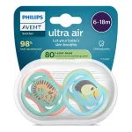 2 броя ортодонтски силиконови залъгалки Philips AVENT SCF087/11 Ultra Air, 6-18м, сини с картинки, в кутия за стерилизиране 0648.001