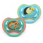 2 броя ортодонтски силиконови залъгалки Philips AVENT SCF087/11 Ultra Air, 6-18м, сини с картинки, в кутия за стерилизиране 0648.001