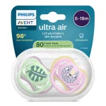 2 броя ортодонтски силиконови залъгалки Philips AVENT SCF087/13 Ultra Air, 6-18м, с картинки, в кутия за стерилизиране 0650.001 