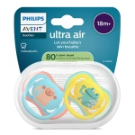 2 броя ортодонтски силиконови залъгалки Philips AVENT SCF349/58 Ultra Air, 18м+, с картинки, в кутия за стерилизиране 0653.001 