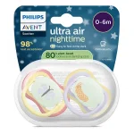 2 броя светещи в тъмното, ортодонтски силиконови залъгалки Philips AVENT SCF376/25 Ultra Air NightTime, 0-6м, с картинки, в кутия за стерилизиране 0657.001